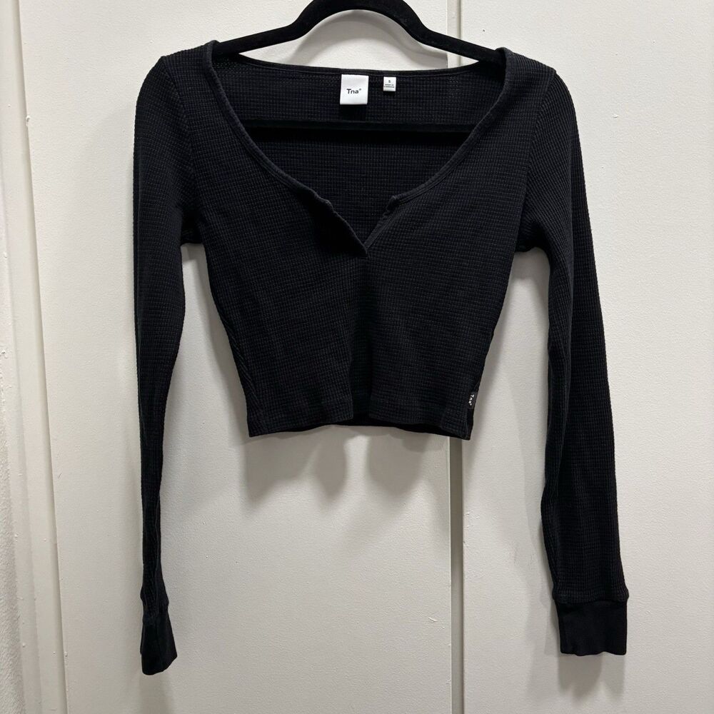 Aritzia Tna Sz Small Waffle Knit Black Cropped Beachy Top Long Sleeve Thermal